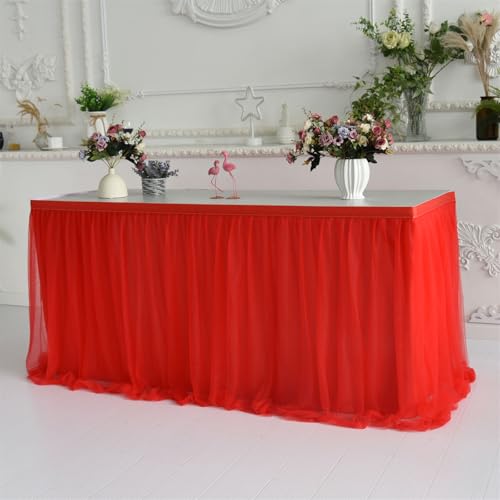 FANSU Tüll Tischrock, Doppelschicht Tischröcke Party Deko Tischrock Tisch Rock Tischdekoration, für Hochzeit Bankett Babyparty Taufe Weihnachten Geburtstag Kuchen (14FT/427x77cm,Rot) von FANSU