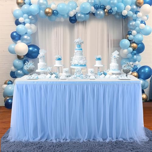 FANSU Tüll Tischrock, Doppelschicht Tischröcke Party Deko Tischrock Tisch Rock Tischdekoration, für Hochzeit Bankett Babyparty Taufe Weihnachten Geburtstag Kuchen (4FT/122x77cm,Blau) von FANSU