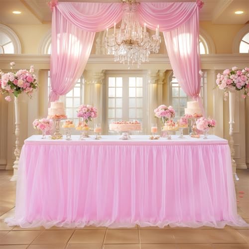 FANSU Tüll Tischrock, Doppelschicht Tischröcke Party Deko Tischrock Tisch Rock Tischdekoration, für Hochzeit Bankett Babyparty Taufe Weihnachten Geburtstag Kuchen (6FT/183x77cm,Rosa) von FANSU