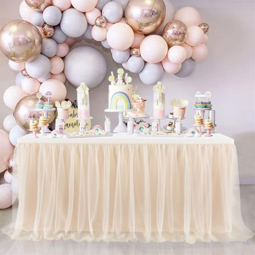 FANSU Tüll Tischrock, Doppelschicht Tischröcke Party Deko Tischrock Tisch Rock Tischdekoration, für Hochzeit Bankett Babyparty Taufe Weihnachten Geburtstag Kuchen (9FT/275x77cm,Champagnerfarbe) von FANSU