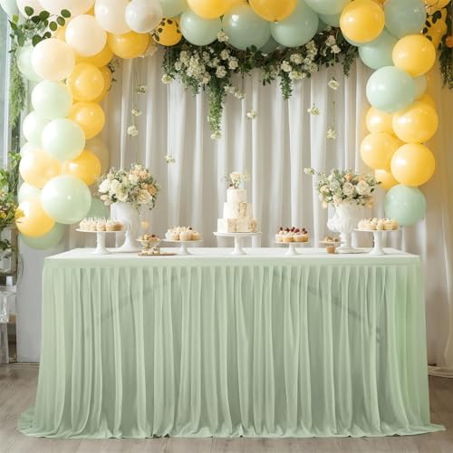 FANSU Tüll Tischrock, Party Deko Tischrock Tischröcke Tisch Rock Tischdekoration, Einfache Montage und Wiederverwendbar, für Geburtstag Kuchen Babyparty Hochzeit (Blassgrün A,14FT/427x77cm) von FANSU