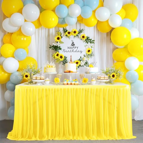 FANSU Tüll Tischrock, Party Deko Tischrock Tischröcke Tisch Rock Tischdekoration, Einfache Montage und Wiederverwendbar, für Geburtstag Kuchen Babyparty Hochzeit (Gelb A,9FT/275x77cm) von FANSU