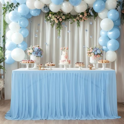 FANSU Tüll Tischrock, Party Deko Tischrock Tischröcke Tisch Rock Tischdekoration, Einfache Montage und Wiederverwendbar, für Geburtstag Kuchen Babyparty Hochzeit (Himmelblau A,9FT/275x77cm) von FANSU