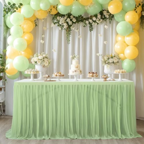 FANSU Tüll Tischrock, Party Deko Tischrock Tischröcke Tisch Rock Tischdekoration, Einfache Montage und Wiederverwendbar, für Geburtstag Kuchen Hochzeit Babyparty (9FT/275x77cm,Blassgrün A) von FANSU