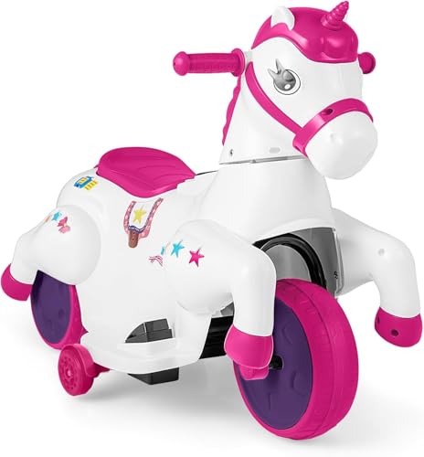 FANTASK 2 Modi Elektro Motorrad Kinder, Rosa Schaukelpferd 3 km/h, Elektromotorrad Musik & LED & Stützrädern, Elektro Fahrzeug für Kinder ab 3 Jahren von FANTASK