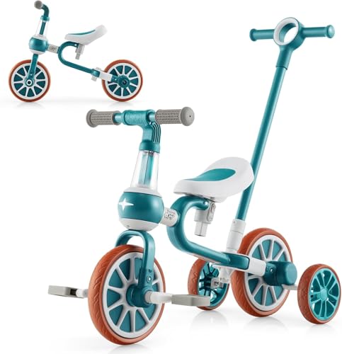 FANTASK 4 in 1 Kinder-Dreirad & Balance-Bike für Kinder von 2-4 Jahren, Kinder-Schubfahrrad in grün mit verstellbarem Schiebegriff und abnehmbaren Pedalen von FANTASK