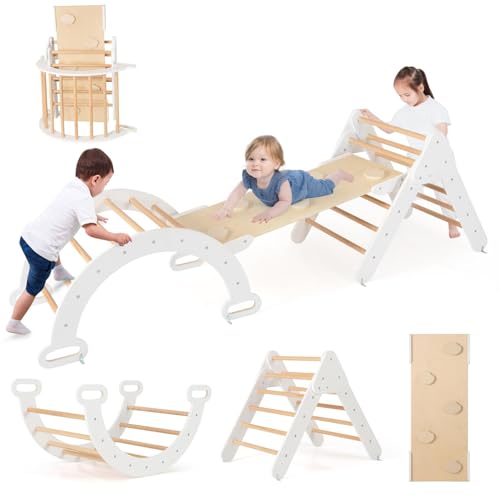 FANTASK 4 in 1 Klettergerüst mit rutsche, Kletterdreieck Holz inkl. doppelseitige Rampe & Kletterboge & Wippen, Sprossendreieck Spielplatz für Kinder ab 1 Jahr, Weiß von FANTASK