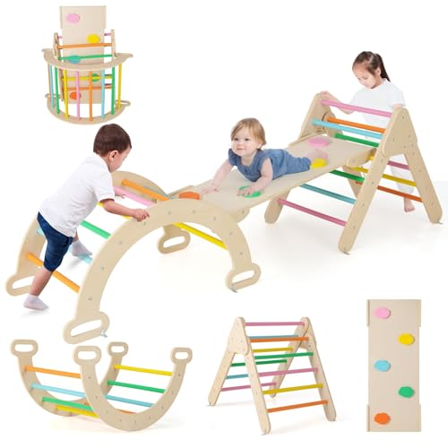 FANTASK 4 in 1 Klettergerüst mit rutsche, Kletterdreieck Holz inkl. doppelseitige Rampe & Kletterbogen, zum Klettern, Rutschen und Wippen, Sprossendreieck Spielplatz für Kinder ab 1 Jahr Bunt von FANTASK