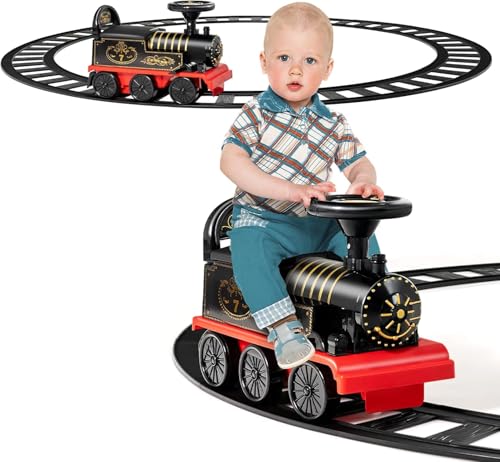 FANTASK 6V Kinder Aufsitz Lokomotive mit Bahn &einziehbaren Fußpedalen, Elektro Kinderauto mit Musik, Lichter & Box für Kleinkinder ab 3 von FANTASK