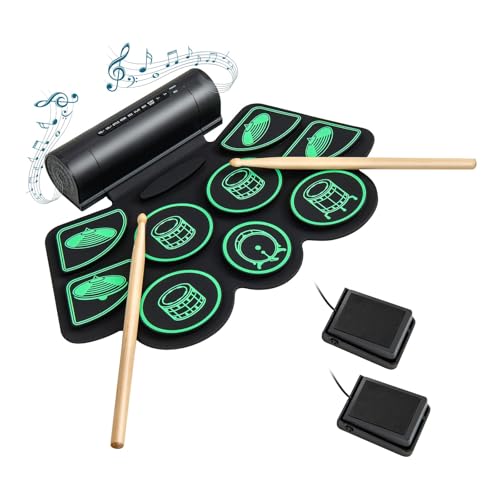 FANTASK 9 Pads E-Drum, elektronisches Schlagzeug Set Roll-Up-Trommel inkl. 2 Pedale und 2 Drumsticks für Kinder und Anfänger, mit 9 Begleitungen, 9 Lautstärkestufen, 7 Rhythmen und 4 Demo-Songs von FANTASK