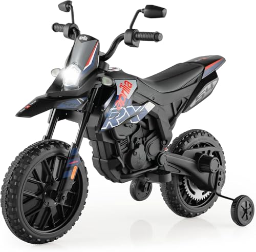 FANTASK Aprilia 12V Elektromotorrad für Kinder 5,5-6 km/h, Kindermotorrad mit Stützrädern & Musik & Scheinwerfer, Blaue und Schwarze Motorrad für Kinder von 3 bis 8 Jahren von FANTASK