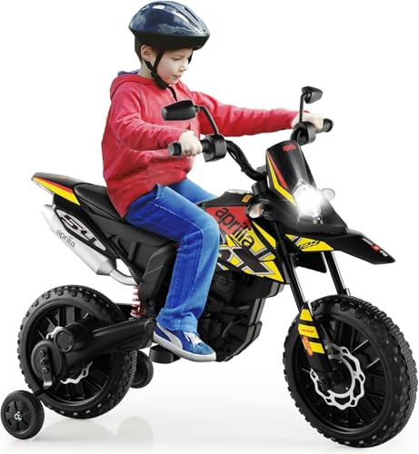 FANTASK Aprilia 12V Elektromotorrad für Kinder 5,5-6 km/h, Kindermotorrad mit Stützrädern & Musik & Scheinwerfer, Gelbe und Schwarze Motorrad für Kinder von 3 bis 8 Jahren von FANTASK