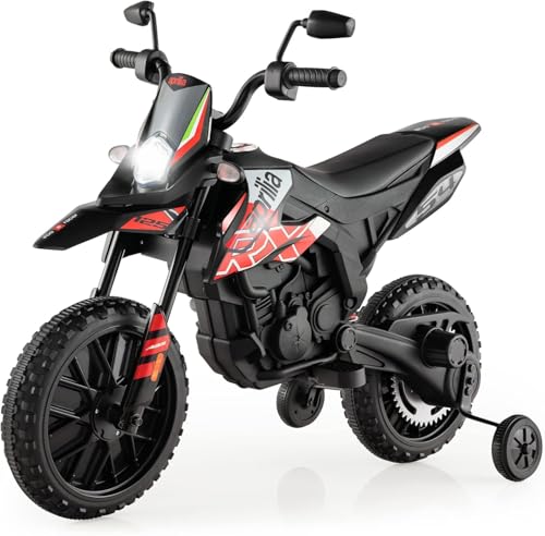 FANTASK Aprilia 12V Elektromotorrad für Kinder 5,5-6 km/h, Kindermotorrad mit Stützrädern & Musik & Scheinwerfer, Rote und Schwarze Motorrad für Kinder von 3 bis 8 Jahren von FANTASK