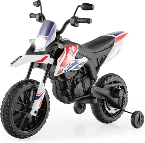 FANTASK Aprilia 12V Elektromotorrad für Kinder 5,5-6 km/h, Kindermotorrad mit Stützrädern & Musik & Scheinwerfer, schwarz-weißes Motorrad für Kinder von 3 bis 8 Jahren von FANTASK