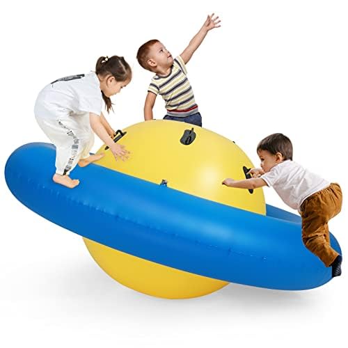 FANTASK Aufblasbare Kuppelwippe für Kinder, 223 cm große Kinderwippe zum Rollen, Neigen, Klettern & Hüpfen mit 6 integrierten Griffen (Gelb + Blau) von FANTASK