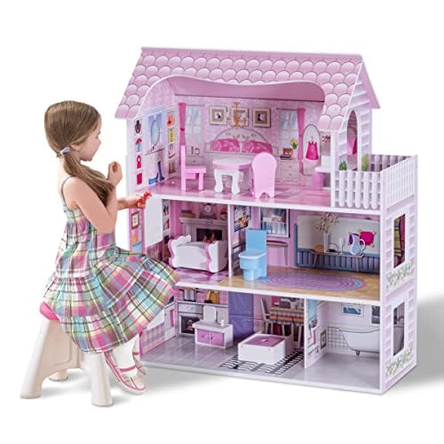 FANTASK Dollhouse, Puppenstube mit Möbeln und Zubehör, Puppenvilla 3 Etagen, Puppenhaus Spielzeug von FANTASK