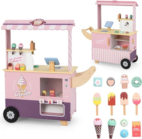 FANTASK Eiswagen Kinder Rosa mit 15 Zubehör, Kaufladen Holz mit Eismaschine & Kasse & Scanner & Verkaufsautomat, Kaufmannsladen & Eiscreme Spielzeug für Kinder ab 3 Jahren von FANTASK