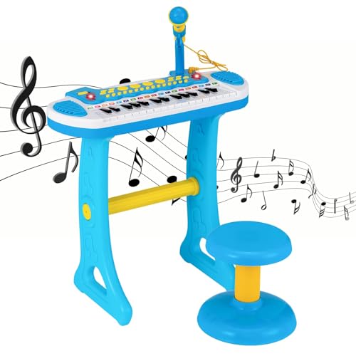 FANTASK Kinder-Keyboard mit 31 Tasten, tragbares Musikinstrument mit Mehreren Sounds & Lichteffekten, verstellbarem Mikrofon & Hocker, niedliches Spielzeug-Klavier für Kinder ab 3 Jahren (Blau) von FANTASK