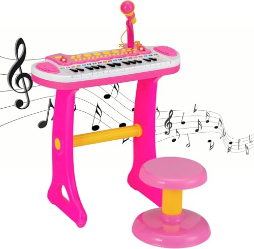 FANTASK Kinder-Keyboard mit 31 Tasten, tragbares Musikinstrument mit vielen Sounds und Lichteffekten, verstellbarem Mikrofon und Hocker für Kinder ab 3 Jahren (pink) von FANTASK