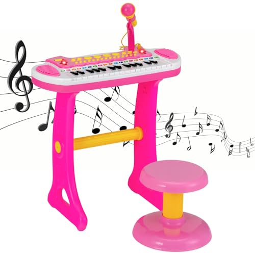 FANTASK Kinder-Keyboard mit 31 Tasten, tragbares Musikinstrument mit vielen Sounds und Lichteffekten, verstellbarem Mikrofon und Hocker für Kinder ab 3 Jahren (pink) von FANTASK