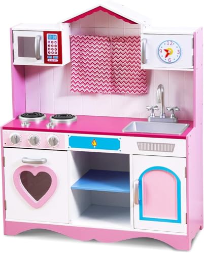 FANTASK Kinderküche mit licht & Sound, Extra große Spielküche Holz 82x30x100,5 cm, Rosa Prinzessin Play Kitchen für Mädchen mit Abnehmbarer Spüle, Pretend-Spielset für Kinder ab 2 Jahren von FANTASK