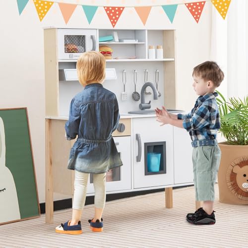 FANTASK Kinderküche Spielküche inkl. 18 Zubehör, Kinder Küche Holz mit Spüle Mikrowelle Eismaschine Backofen, Spielzeugküche Holzküche für Kinder ab 2 Jahre (Weiß) von FANTASK