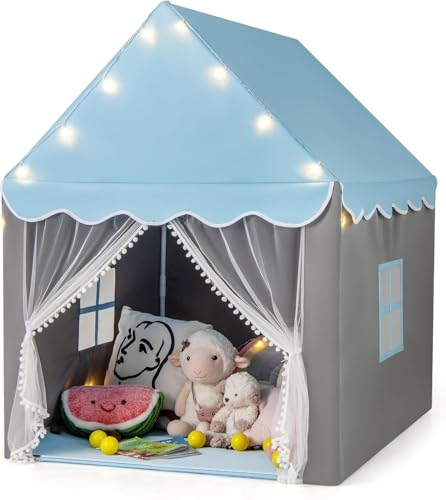 FANTASK Kinderspielzelt mit Sternenlichtern und Fenster, Prinzessin Spielhaus mit doppeltem Vorhang und Matte, Märchen Schloss für Jungen und Mädchen in Blau, Ideal für kreative Abenteuer von FANTASK