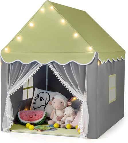 FANTASK Kinderspielzelt mit Sternenlichtern und Fenster, Prinzessin Spielhaus mit doppeltem Vorhang und Matte, Märchen Schloss für Jungen und Mädchen in Grün, Ideal für kreative Abenteuer von FANTASK