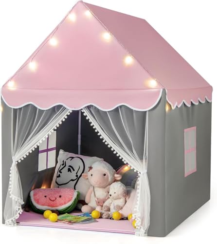 FANTASK Kinderspielzelt mit Sternenlichtern und Fenster, Prinzessin Spielhaus mit doppeltem Vorhang und Matte, Märchen Schloss für Jungen und Mädchen in Rosa, Ideal für kreative Abenteuer von FANTASK