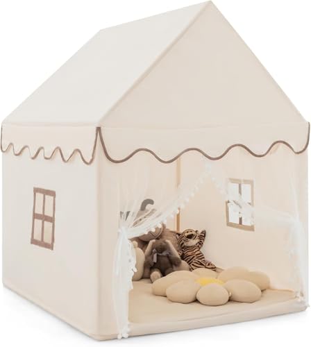 FANTASK Kinderzelt mit Massivholzrahmen & Baumwolldecke, Kinderspielhaus für Jungen Mädchen Prinzess Prinzessin, Beige Kinderspielzelt Indoor, Kinder Spielhaus für Drinnen, 120x105x140cm von FANTASK