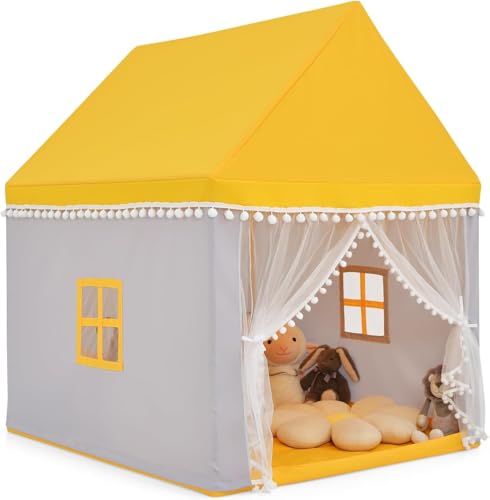 FANTASK Kinderzelt mit Massivholzrahmen & Baumwolldecke, Kinderspielhaus für Jungen Mädchen Prinzess Prinzessin, Gelb Kinderspielzelt Indoor, Kinder Spielhaus für Drinnen, 120x105x140cm von FANTASK