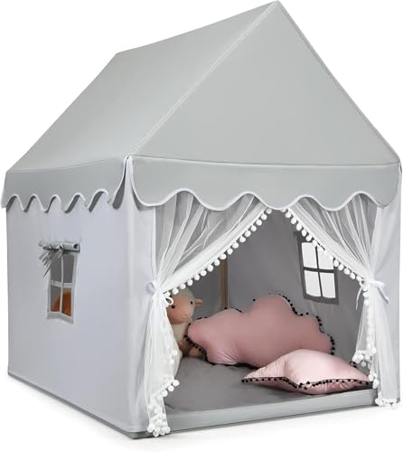 FANTASK Kinderzelt mit Massivholzrahmen & Baumwolldecke, Kinderspielhaus für Jungen Mädchen Prinzess Prinzessin, Grau Kinderspielzelt Indoor, Kinder Spielhaus für Drinnen, 120x105x140cm von FANTASK