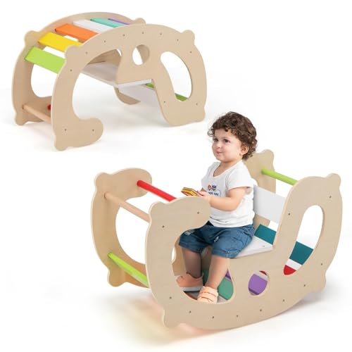 FANTASK Kletterbogen, Klettergerüst Indoor für Kinder ab 1 Jahre, 2 in 1 Holz Kletterdreieck & Schaukelpferd, multifunktionaler Indoor Spielplatz Bogenwippe von FANTASK