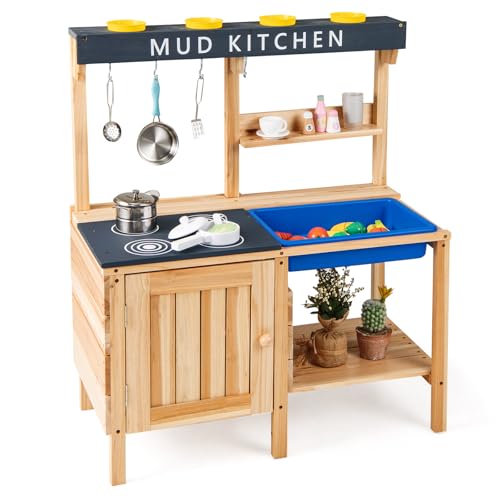 FANTASK Matschküche aus Holz, Kinder Spielküche mit abnehmbarem Waschbecken & Zubehör, Outdoor Kinderküche mit Schrank, 2 Ablagefächern, Becherhalter & Haken, Gartenküche für Kinder ab 3 Jahren FANTASK Matschküche aus Holz, Kinder Spielküche mit abnehmbarem Waschbecken & Zubehör, Outdoor Kinderküche mit Schrank, 2 Ablagefächern, Becherhalter & Haken, Gartenküche für Kinder ab 3 Jahren von FANTASK