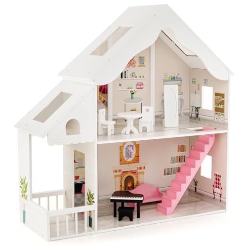 FANTASK Puppenhaus Holz, 2 stöckige Puppenstube mit Zubehör & Möbeln, Dollhouse Spielzeug für 28-36 cm Puppen, für Kinder ab 3 Jahre von FANTASK