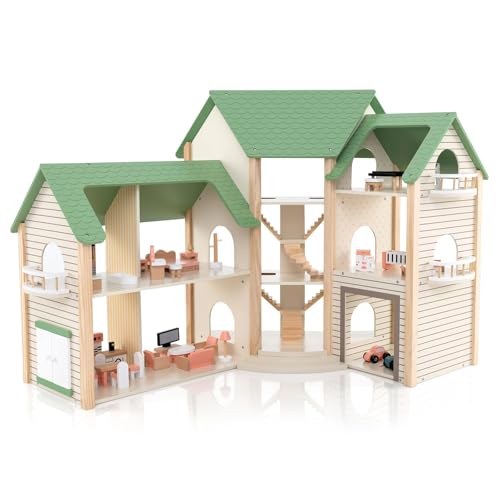 FANTASK Puppenhaus Holz, Dollhouse 83 cm Hoch mit 36 Möbelstücken und Zubehör, Puppenvilla mit 6 Zimmern & Terrasse & Garage, Puppenstube Geschenk für Mädchen ab 3 Jahren von FANTASK