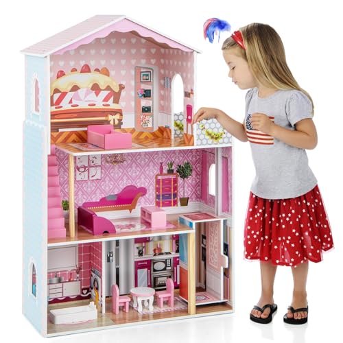 FANTASK Puppenhaus Holz, Puppenstube mit Zubehör & Möbeln, 3 stöckiges Dollhouse Spielzeug mit Balkon, Puppenvilla 108 cm hoch, für Kinder ab 3 Jahren, Rosa 5 von FANTASK