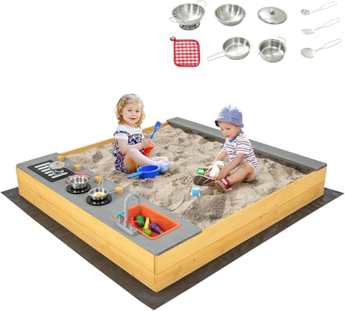 FANTASK Sandkasten aus Massivholz, Sandkiste mit 9 Küchenzubehör & Wasserhahn & Waschbecken, Sandbox inkl. Bodenplane von FANTASK