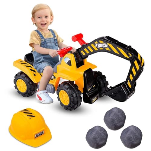 FANTASK Sitzbagger mit eingebautem Ablagefach, Kinderbagger mit Horn, Sandbagger, Rutscher Bagger, Schaufelbagger, Aufsitzbagger für Kinder ab 3 Jahren, inkl. 3 Steine und Helm von FANTASK