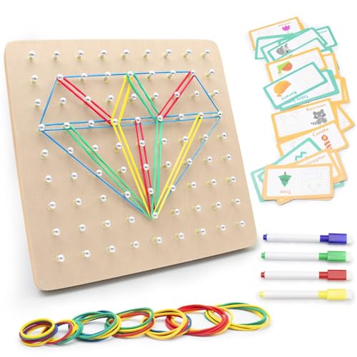 Holz Geobrett，Montessori Lernspielzeug für Kinder, Geoboard mit 30 Musterkarten、50 Gummibändern、4 Wasserstifte, Geometrie Feinmotorik Spielzeug, Pädagogisches Holzspielzeug ab 3 Jahre von FANWINKJ