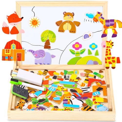 FAOKZE Magnettafel Kinder,Pädagogisches Magnetische Holzspielzeug,Holzpuzzles mit Doppelseitiger Tafel,Puzzles,Montessori Magic Board,für Jungen und MäDchen,Spielzeug ab 3 Jahre MäDchen von FAOKZE