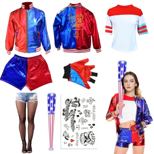 FARYODI Quinn Kostüm Damen - halloween kostüm Kit,joker kostüm,Karneval Cosplay Kostüme mit Baseballschläger Aufblasbar, Temporäre Tattoos, Handschuhe, Jacke, T-Shirt, Shorts, Netzstrümpfe (XXL) von FARYODI