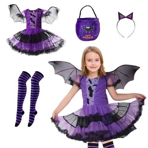 FARYODI Mädchen Fledermaus Halloween Kostüm - Tutu Kleid Set,Hexe Kostüm mit Fledermaus Flügel,Halloween Süßigkeiten Tasche,Strümpfe,Flügel,Haarbänder, Tutu Kleid für Halloween Karneval (100) von FARYODI