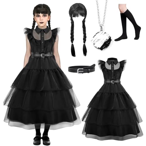 FARYODI Wednesday Kostüm Mädchen Kinder 5-teilig Schwarz Gothic Kleid Halloween Kostüm mit Perücke, Halskette, Strümpfe, Gürtel für Karneval und Cosplay-120 von FARYODI