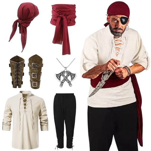 FARYODI Mittelalter Kleidung Herren - Herren Renaissance Kostüm Set,Viking Kostüm, Mittelalterliches Piratenhemd,mit Langärmelige Hemden,Hosen,Armbänder,Turbane,Taillenschals und Halsketten (L) von FARYODI