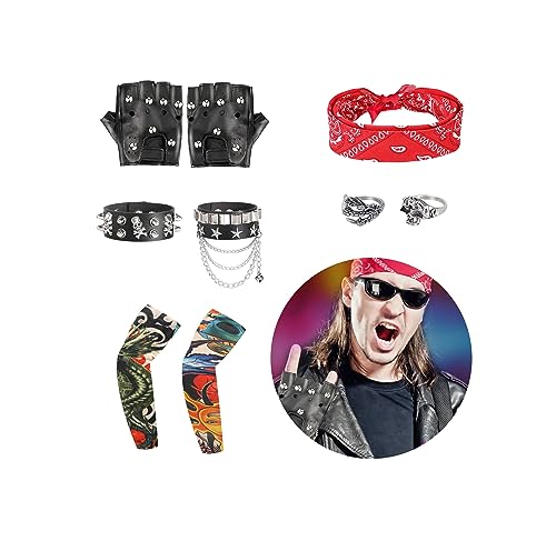 9 Stück Rocker Kostüm Herren Rockstar Kostüm Kinder, Punker Kostüm Mann Punk Kostüm Damen, Disco Kostüm Herren Party Kostüm Männer, 70er 80er 90er Jahre Outfit Herren Punker Accessoires Festival von FASBET