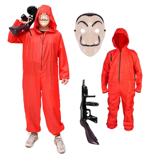 FASCHINFEVER Haus des Geldes Kostüm Set - 3 in 1 Set - mit Dali Maske, Overall rot Unisex, Gewehr Aufblasbar für Halloween, Fasching als Verkleidung für Herren & Damen (10x Set (160-180cm)) von FASCHINFEVER