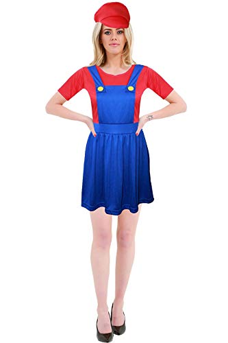 FASHION 7STAR Damen Rot Blau Klempner Partykleidung Kostüm Damen Rundhalsausschnitt 80er Outfit Klempner Kostümkleid mit Hut von FASHION 7STAR