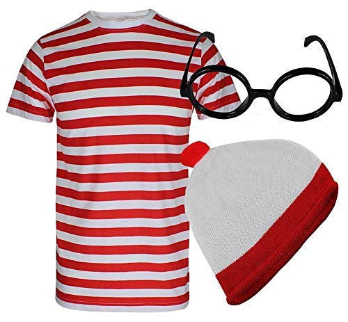 FASHION 7STAR T-Shirt für Herren und Jungen, rot und weiß gestreift, Hut, Brille, Kostüm, Buchwoche, Party-Kostüm von FASHION 7STAR