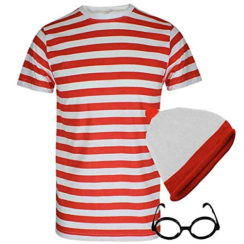 FASHIONISM 3-teiliges Set für Herren und Damen, gestreiftes T-Shirt, Hut, Brille, 3-teiliges Set, Unisex, Kostüm, Buchwoche, 3-teiliges Set, Größe XXL von FASHIONISM